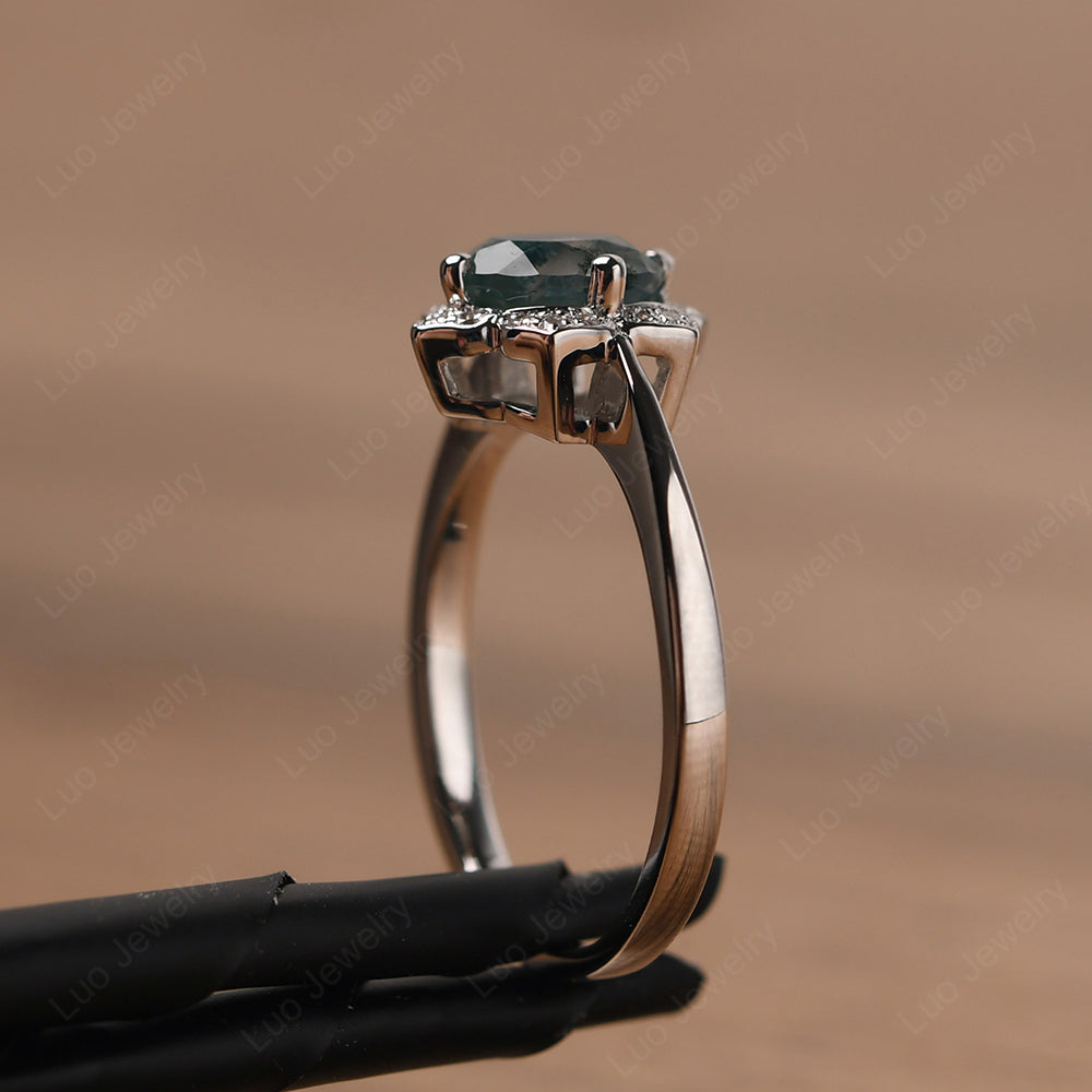 Round Cut Moss Agate Halo Flower Engagement Ring - LUO Jewelry