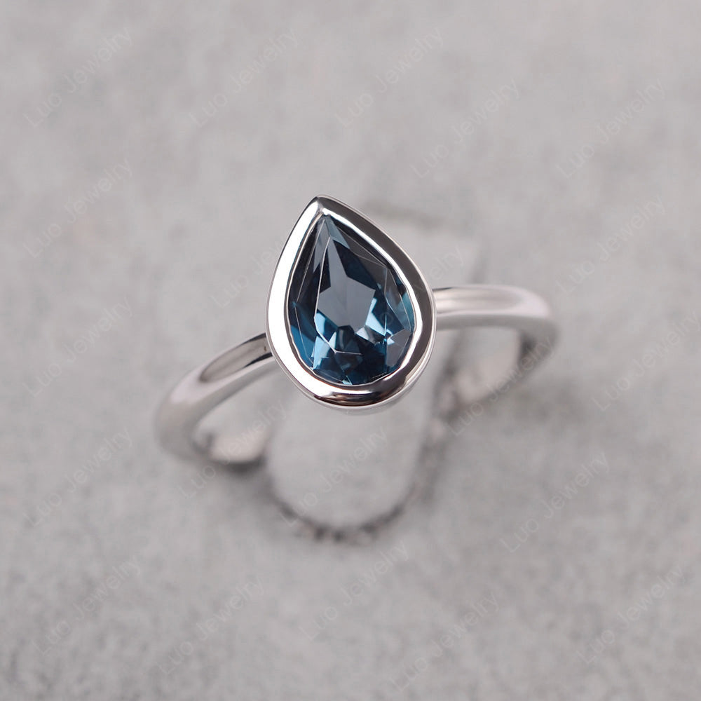 Pear Shaped London Blue Topaz Bezel Set Ring Silver - LUO Jewelry