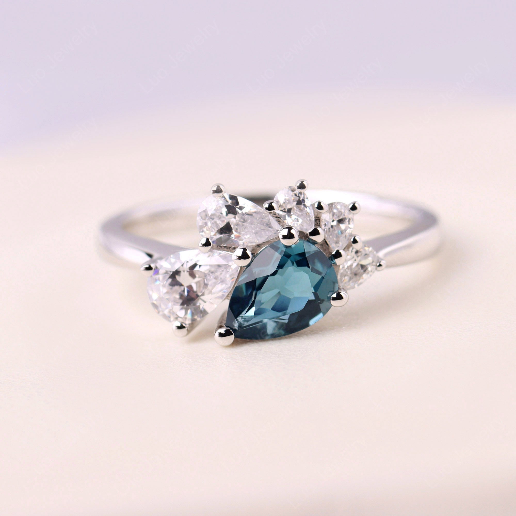 Pear Shaped Cluster London Blue Topaz Mothers Ring
