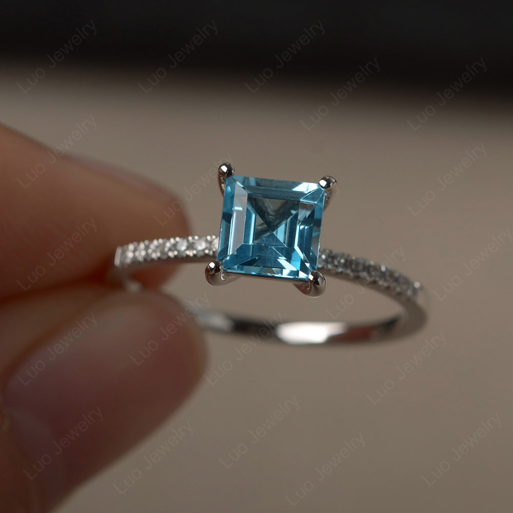 Square Cut Swiss Blue Topaz Ring With Thin Band - LUO Jewelry