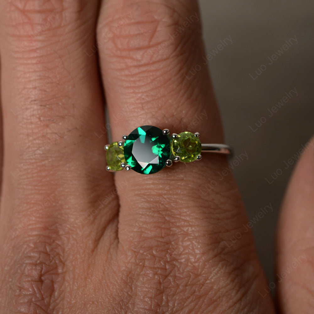 3 Stone Ring Lab Emerald Engagement Ring - LUO Jewelry
