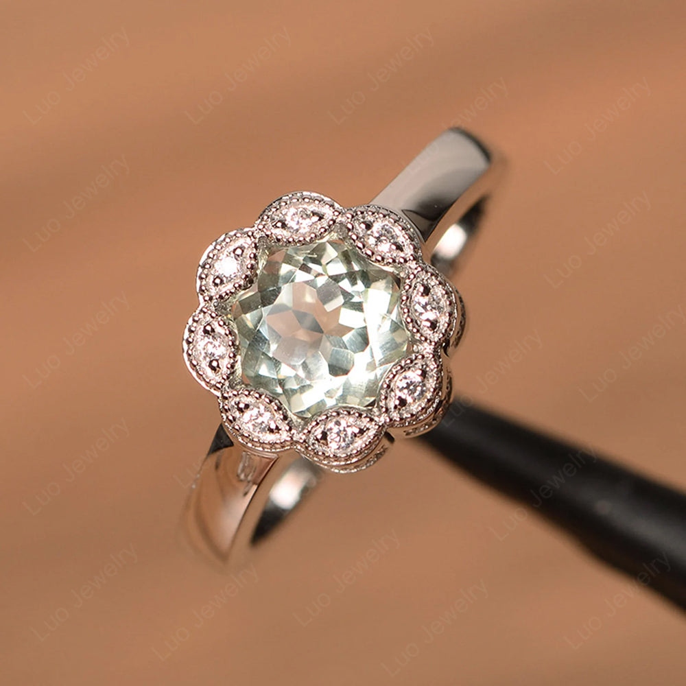 Vintage Green Amethyst Ring Halo Flower Ring - LUO Jewelry