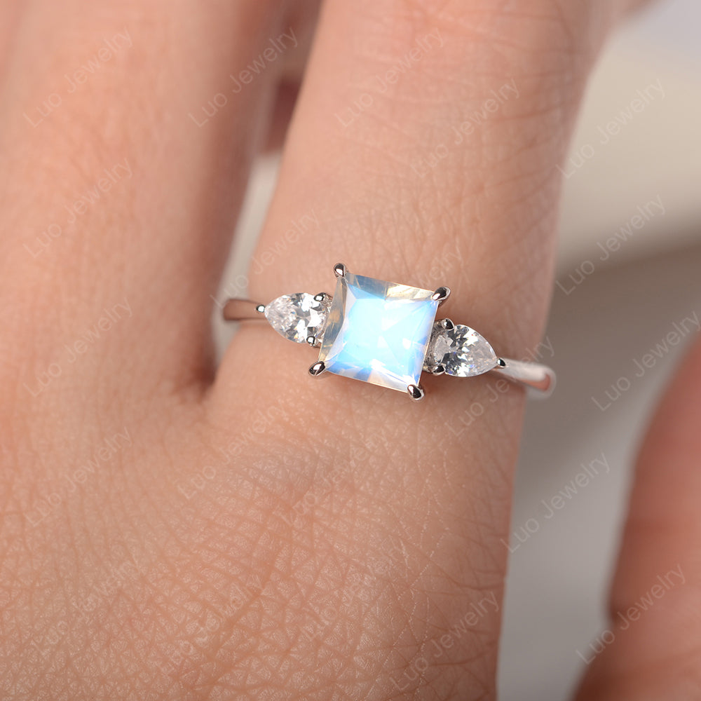 Princess Cut Moonstone Ring With Pear Side Stone - LUO Jewelry