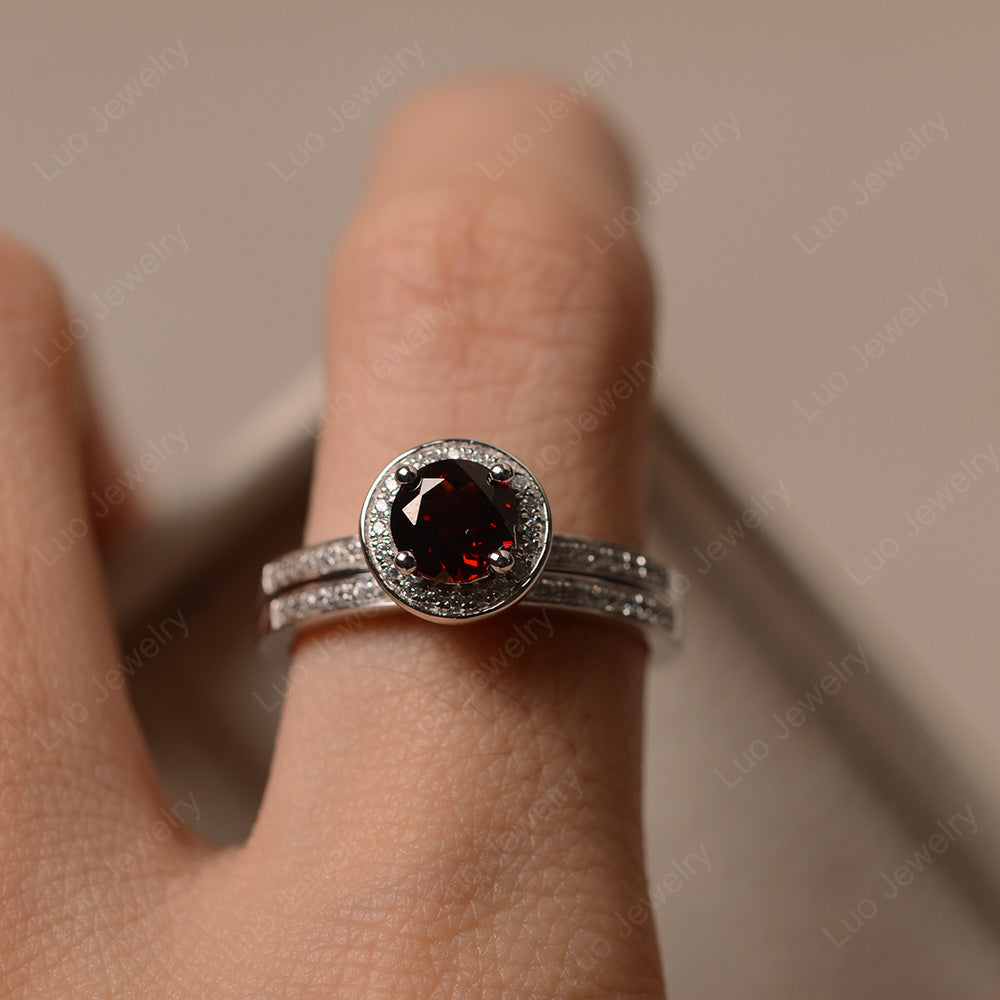 Round Cut Garnet Halo Bridal Set Ring - LUO Jewelry