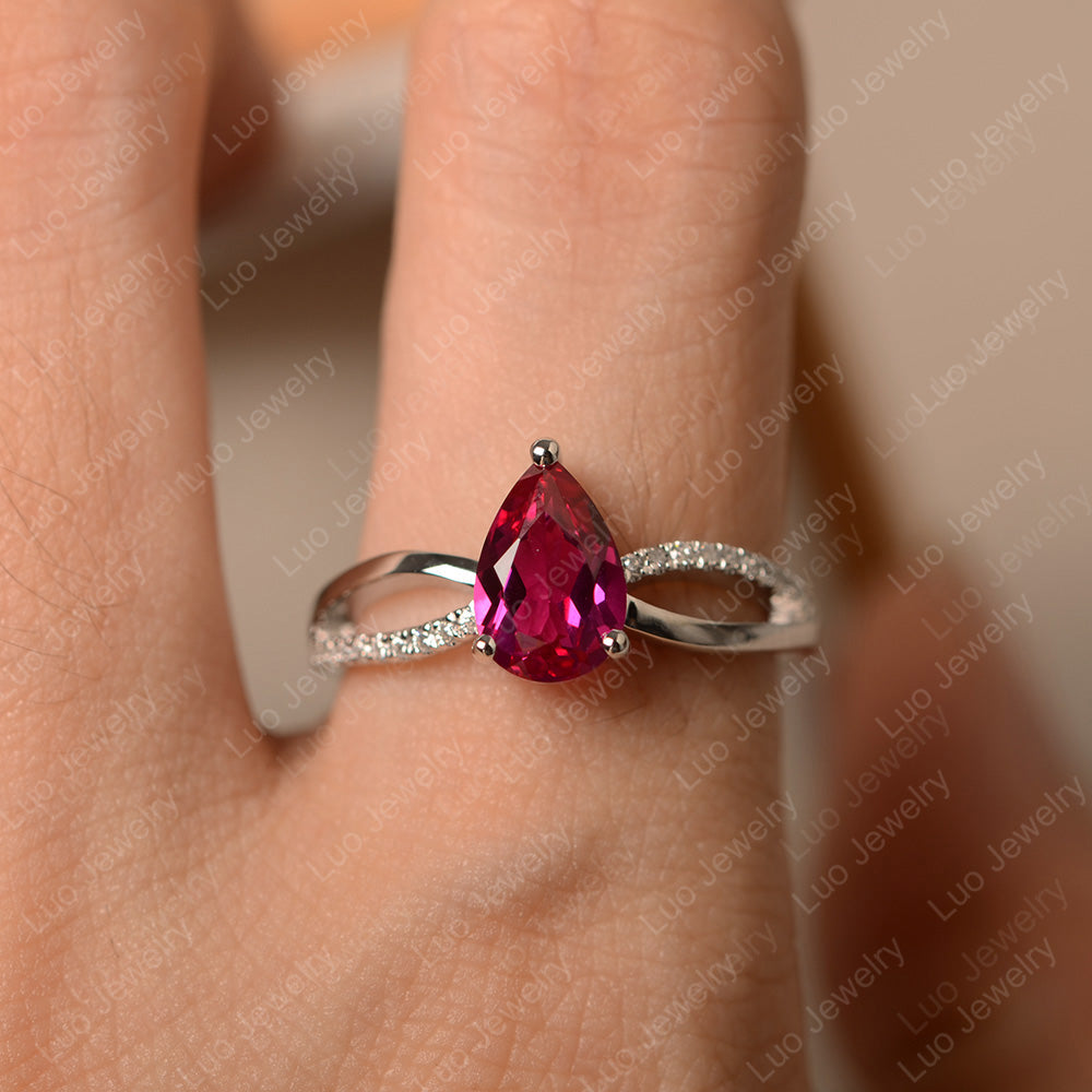 Pear Shaped Ruby Ring Split Shank - LUO Jewelry