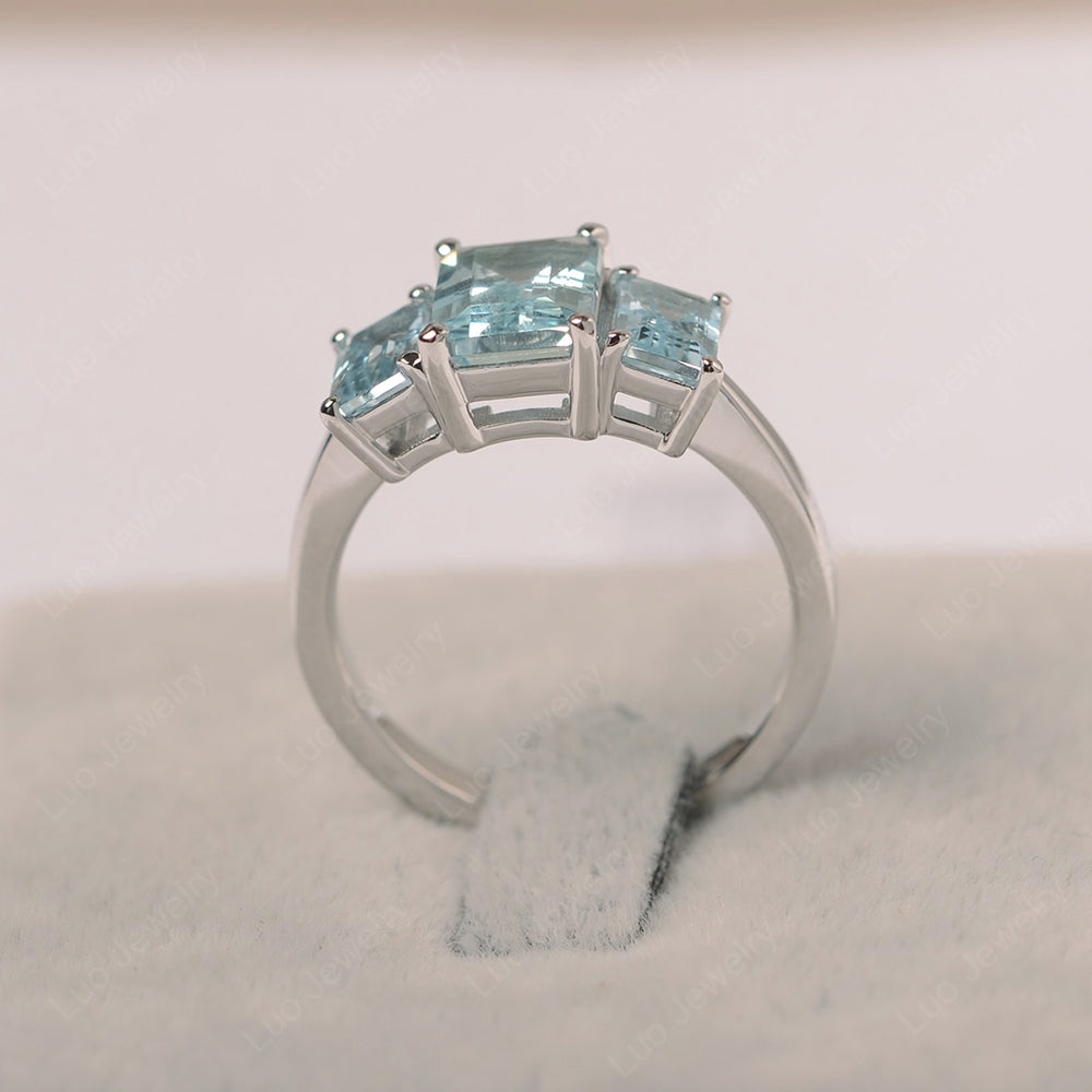 Emerald Cut 3 Stone Aquamarine Ring - LUO Jewelry
