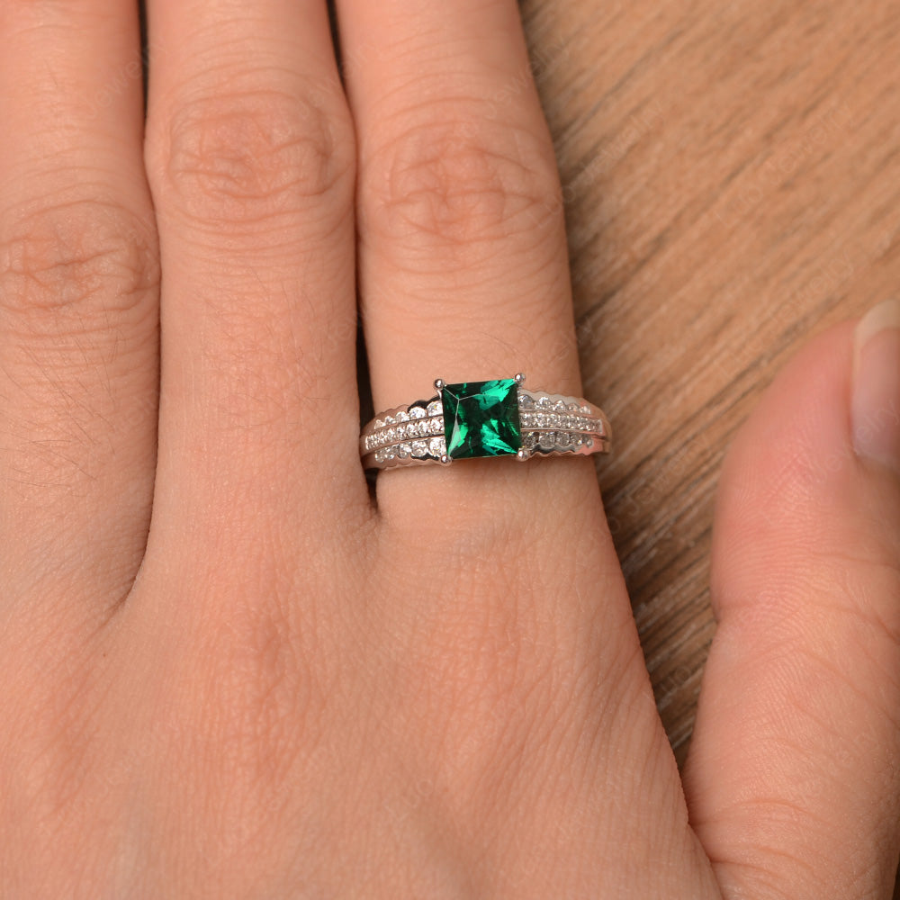 Princess Cut Lab Emerald Art Deco Ring Silver - LUO Jewelry