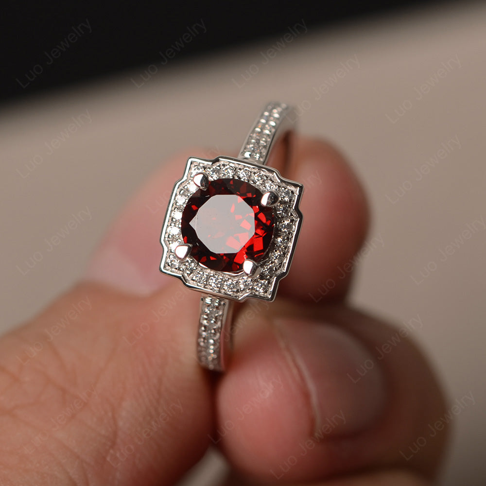 Round Cut Garnet Halo Engagement Ring Gold - LUO Jewelry