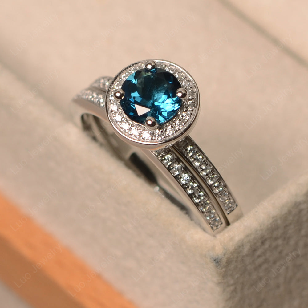 Round Cut London Blue Topaz Halo Bridal Set Ring - LUO Jewelry