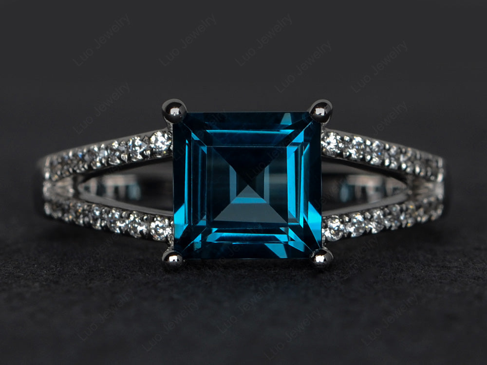Square Cut London Blue Topaz Split Shank Wedding Ring - LUO Jewelry