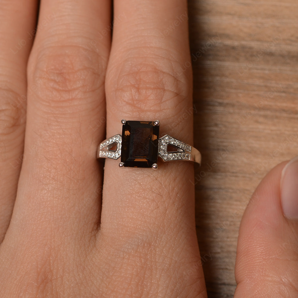 Emerald Cut Smoky Quartz Wedding Ring White Gold - LUO Jewelry