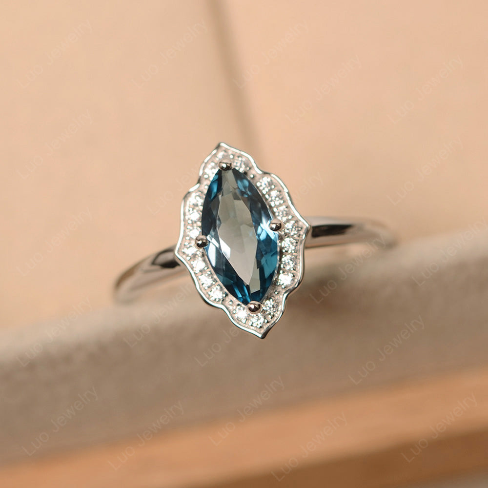 Marquise Cut London Blue Topaz Halo Engagement Ring - LUO Jewelry