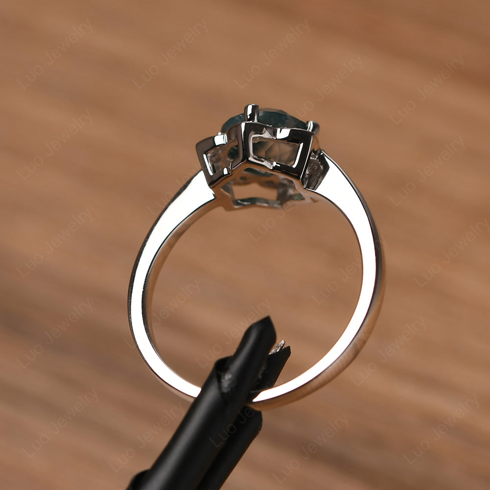 Round Cut Moss Agate Halo Flower Engagement Ring - LUO Jewelry