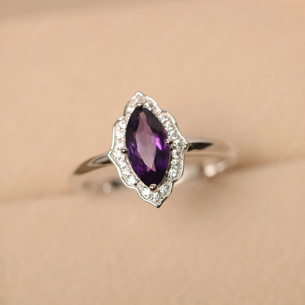 Marquise Cut Amethyst Halo Engagement Ring - LUO Jewelry