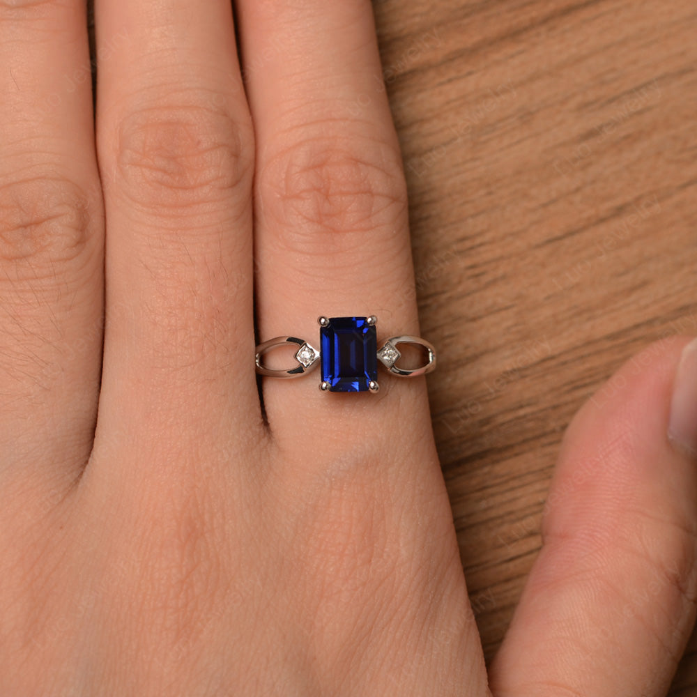 Emerald Cut Lab Sapphire Ring Split Shank - LUO Jewelry