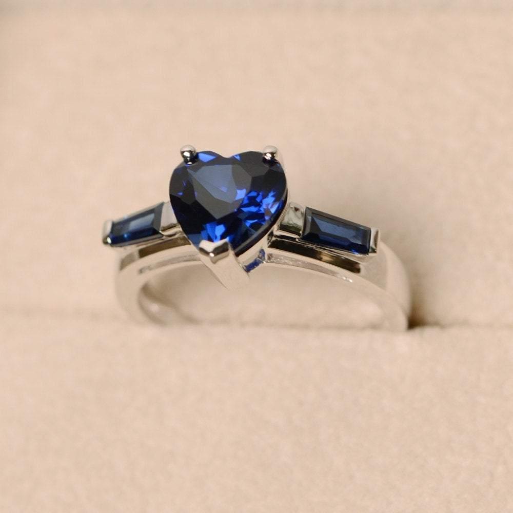 3 Prong Heart Shaped Lab Sapphire Ring - LUO Jewelry