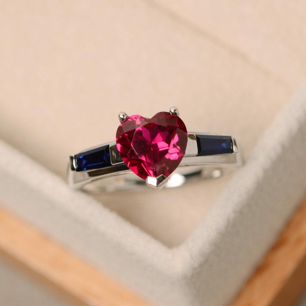 Heart Shaped Ruby and Sapphire Ring with Baguette | LUO