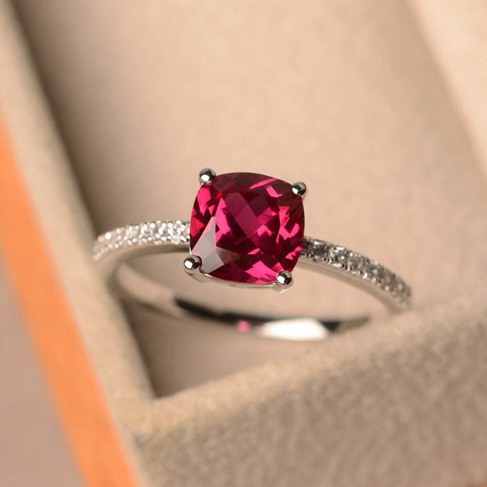 Ruby Wedding Ring Cushion Cut White Gold - LUO Jewelry