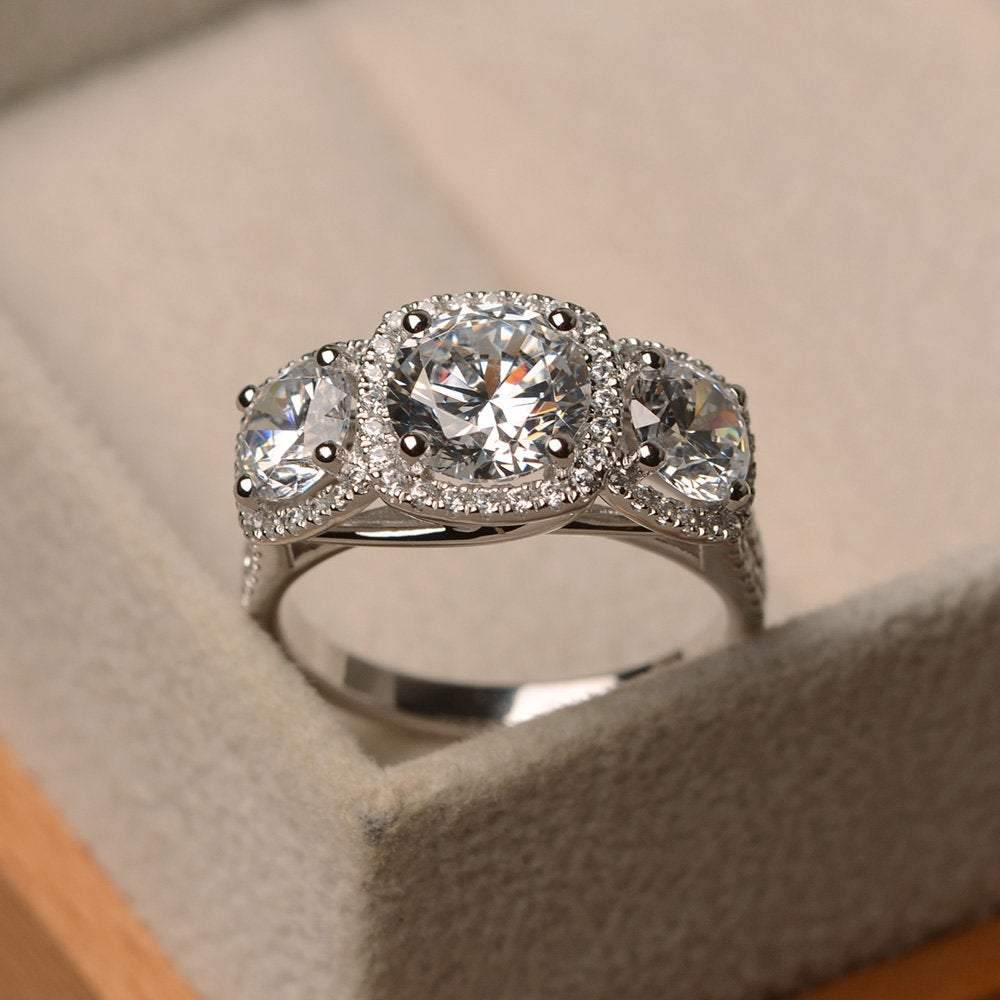 Cubic Zirconia Ring 3 Stone Halo Engagement Ring - LUO Jewelry