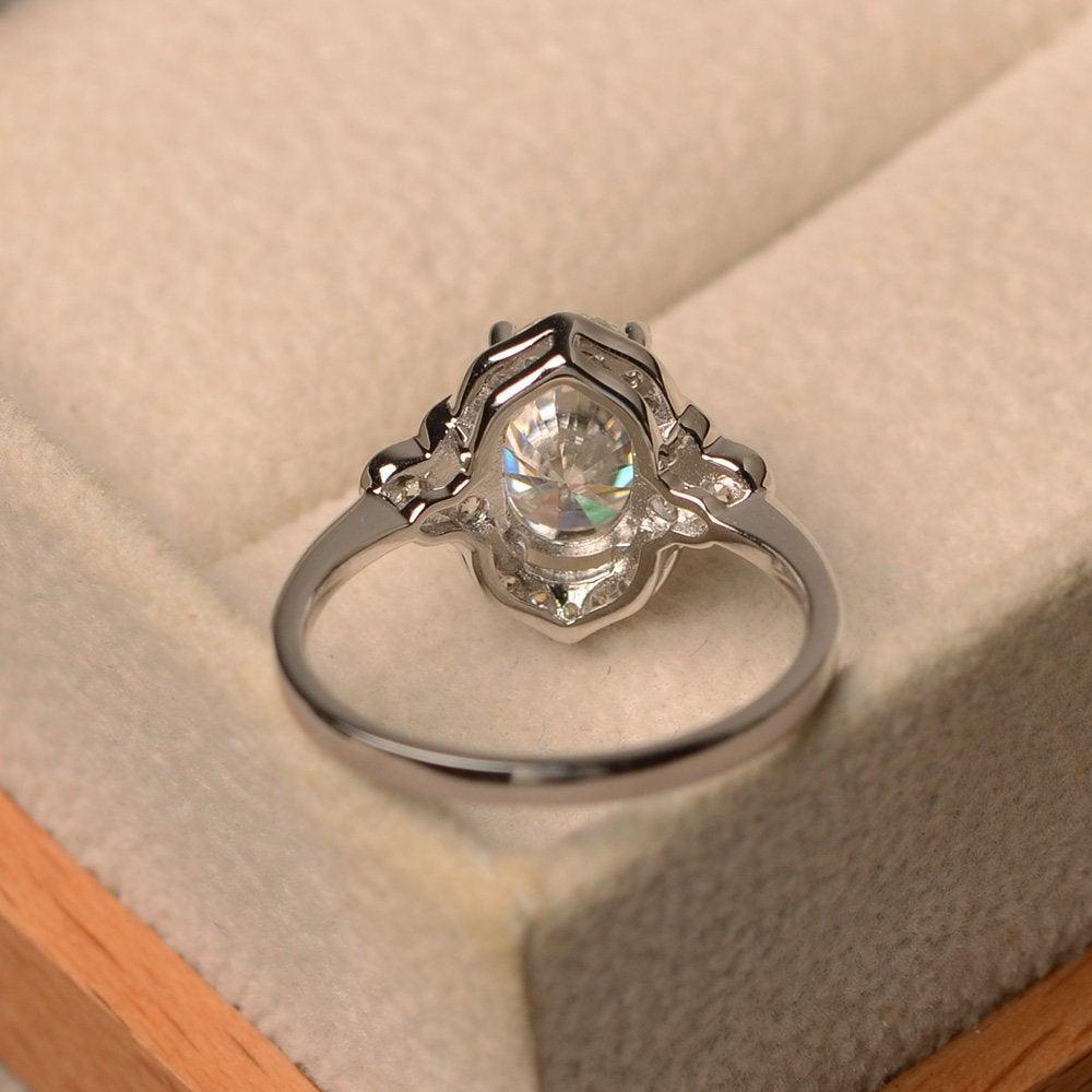 Oval Moissanite Halo Engagement Art Deco Ring - LUO Jewelry