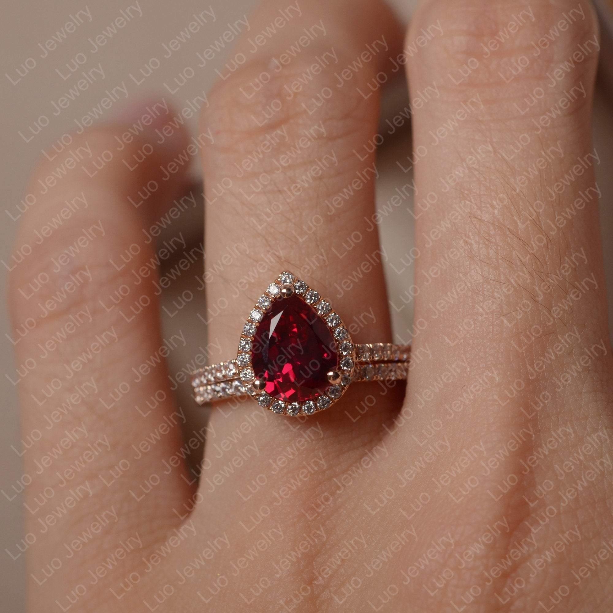 Pear Cut Ruby Bridal Set Engagement Ring - LUO Jewelry