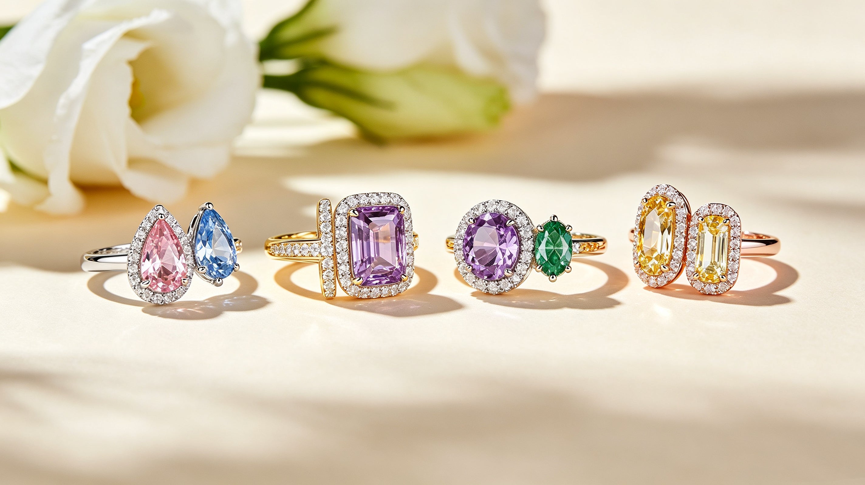 Four colored gemstone toi et moi rings