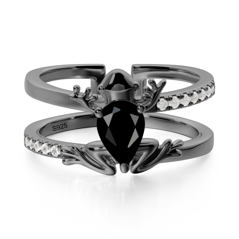 Pear Shaped Black Spinel Frog Open Ring - LUO Jewelry #metal_black finish sterling silver