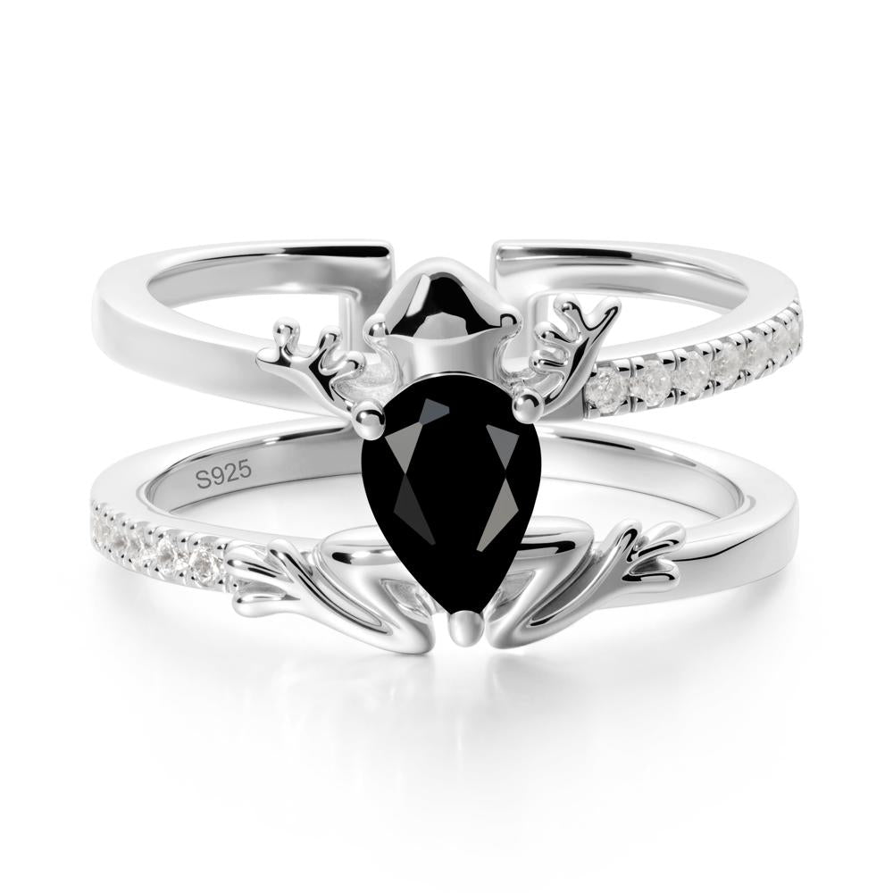Pear Shaped Black Spinel Frog Open Ring - LUO Jewelry #metal_sterling silver