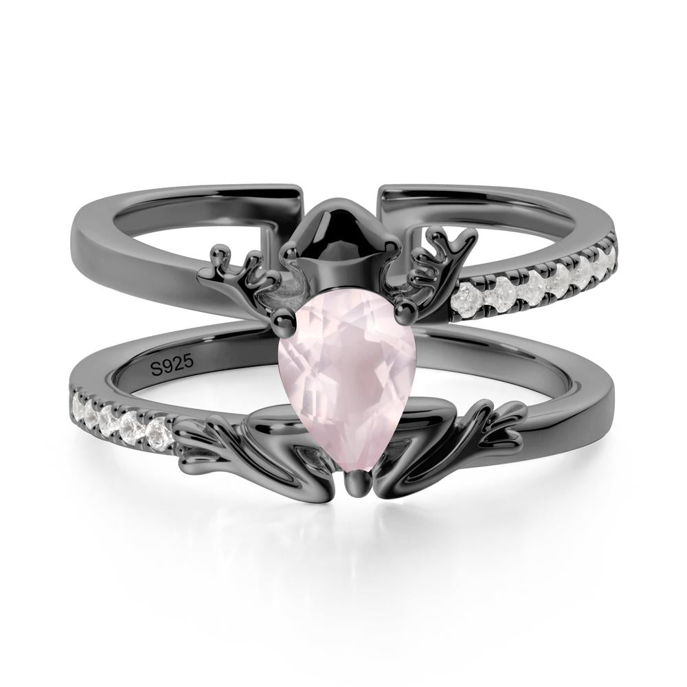 Pear Shaped Rose Quartz Frog Open Ring - LUO Jewelry #metal_black finish sterling silver