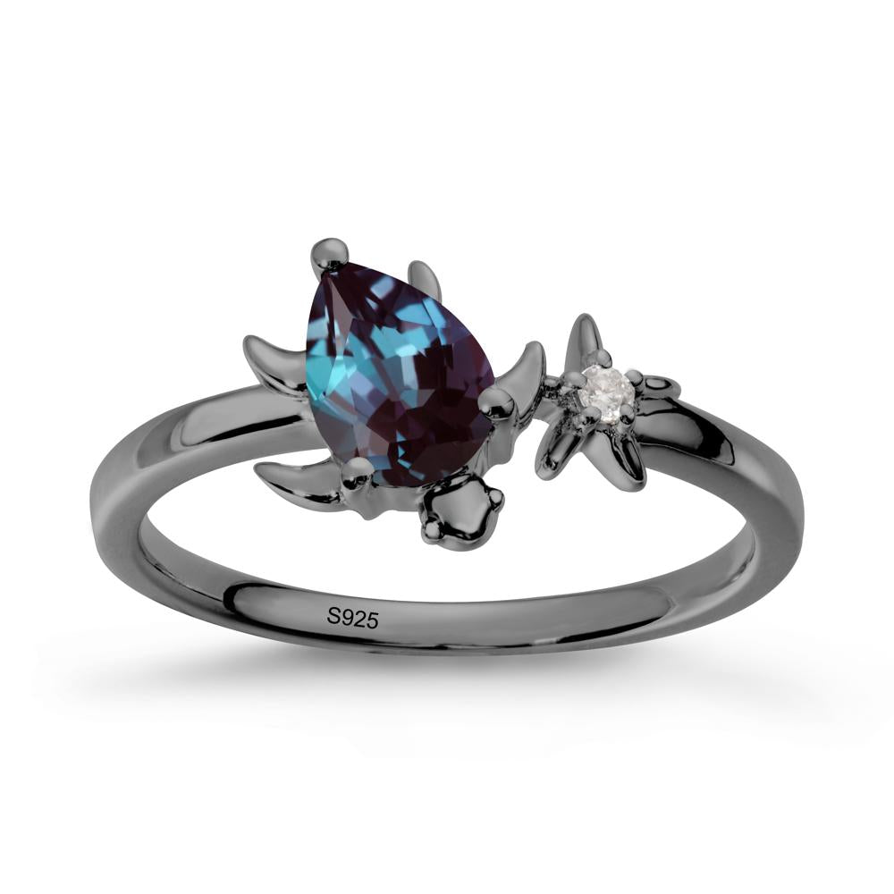 Pear Alexandrite Turtle and Starfish Ring - LUO Jewelry #metal_black finish sterling silver