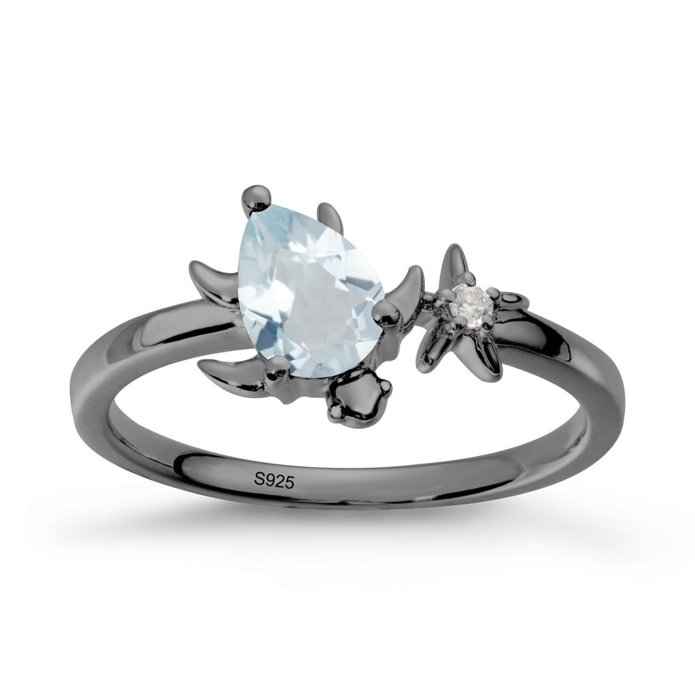 Pear Aquamarine Turtle and Starfish Ring - LUO Jewelry #metal_black finish sterling silver
