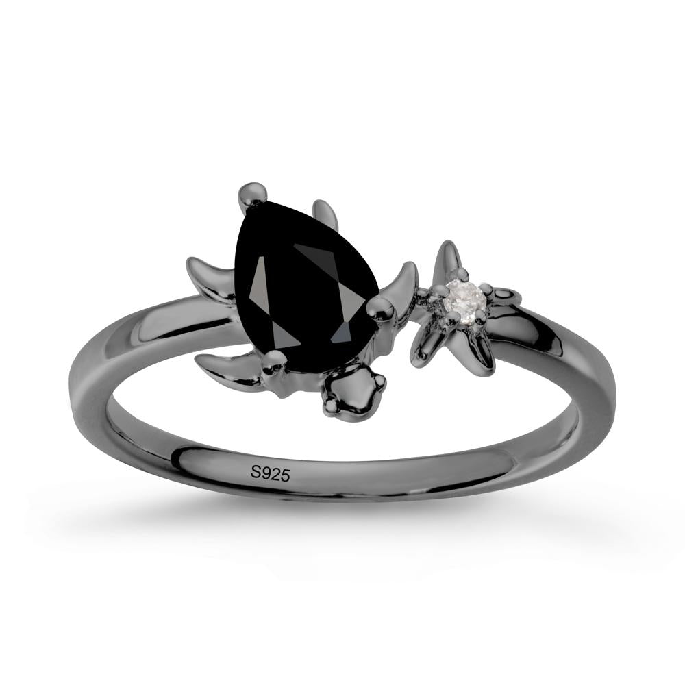 Pear Black Spinel Turtle and Starfish Ring - LUO Jewelry #metal_black finish sterling silver