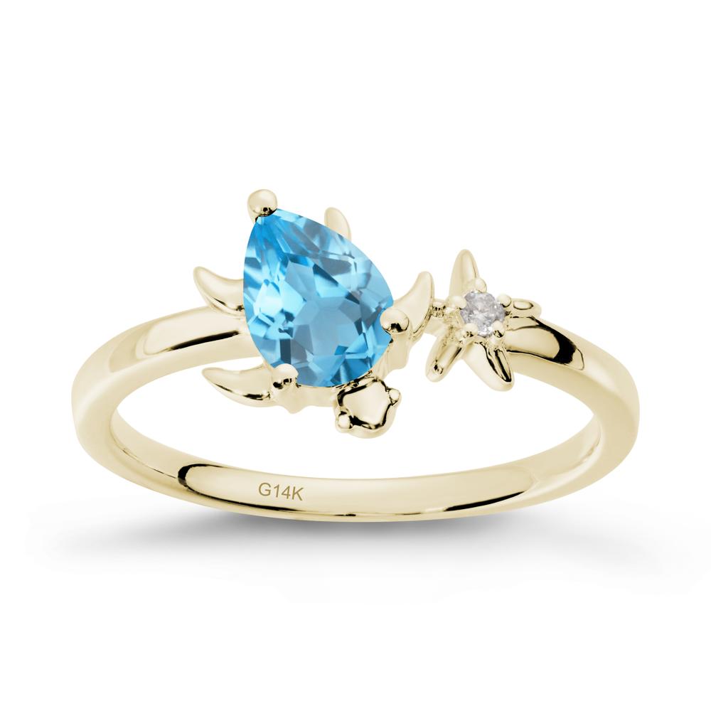 Pear Swiss Blue Topaz Turtle and Starfish Ring - LUO Jewelry #metal_14k yellow gold