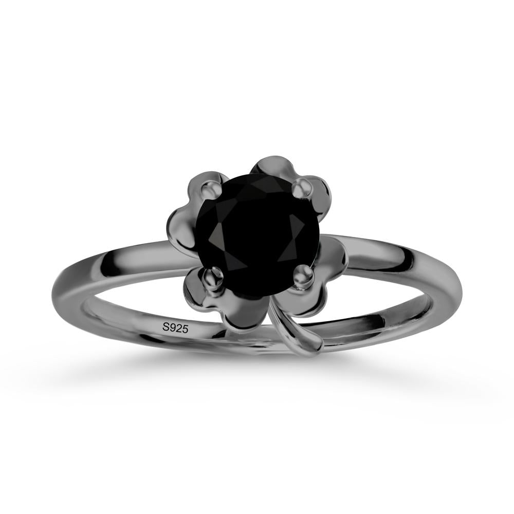 Round Black Spinel Four Leaf Clover Ring - LUO Jewelry #metal_black finish sterling silver