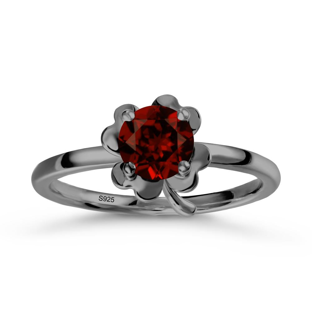 Round Garnet Four Leaf Clover Ring - LUO Jewelry #metal_black finish sterling silver