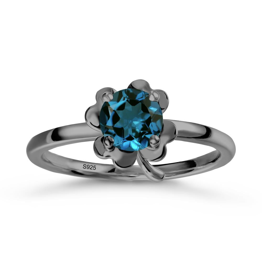 Four Leaf Clover Solitaire London Blue Topaz Ring - LUO Jewelry #metal_black finish sterling silver