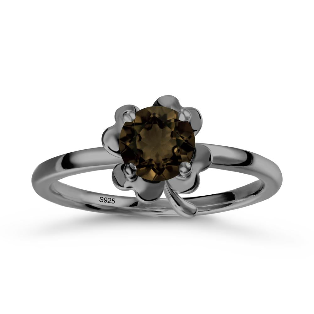 Four Leaf Clover Solitaire Smoky Quartz Ring - LUO Jewelry #metal_black finish sterling silver