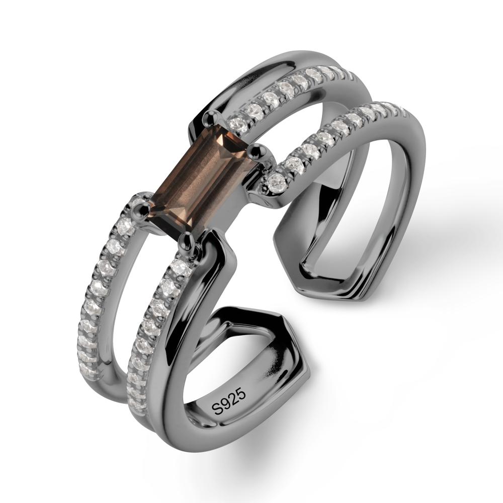 Double Band Baguette Smoky Quartz Open Ring - LUO Jewelry #metal_black finish sterling silver