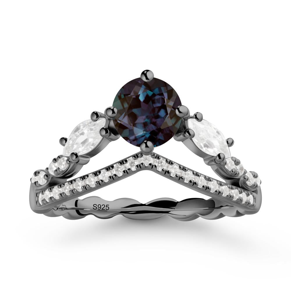 Round Alexandrite Crown Ring with Leaf - LUO Jewelry #metal_black finish sterling silver