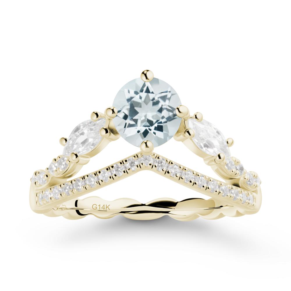 Round Aquamarine Crown Ring with Leaf - LUO Jewelry #metal_14k yellow gold