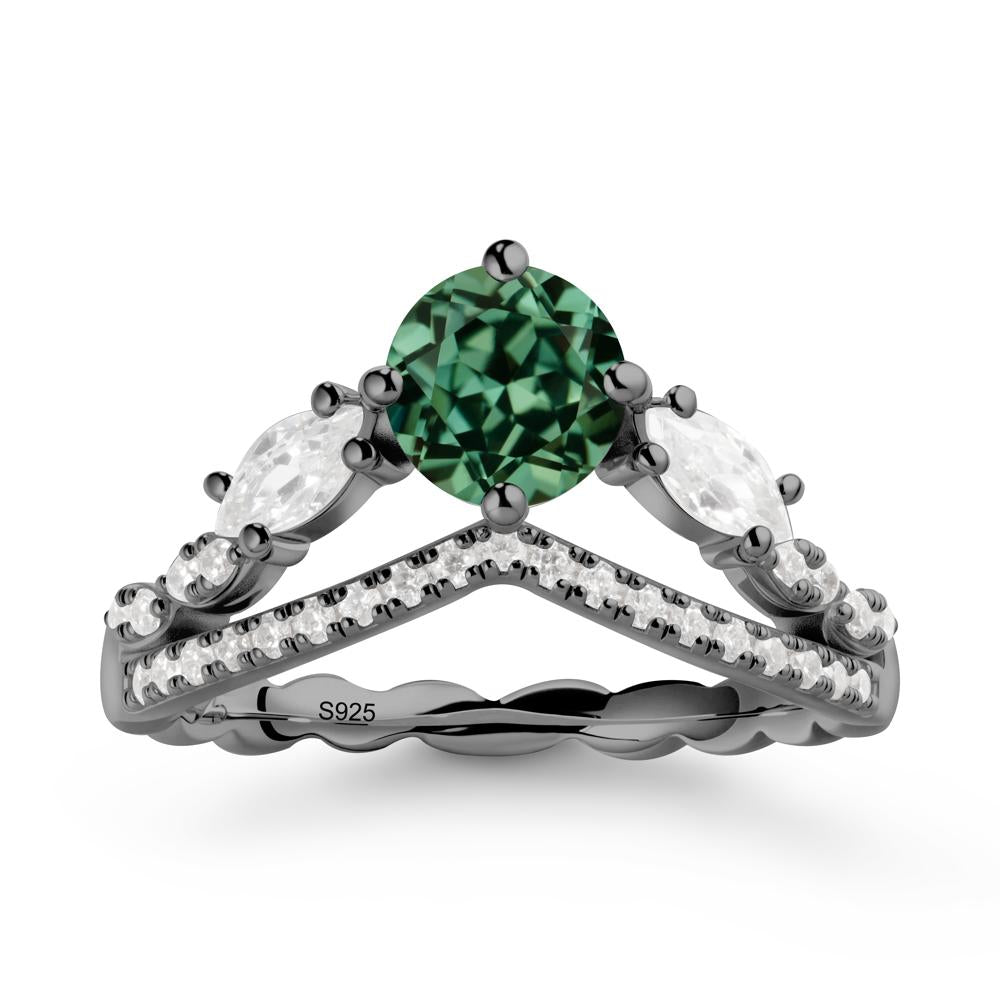 Round Green Sapphire Crown Ring with Leaf - LUO Jewelry #metal_black finish sterling silver