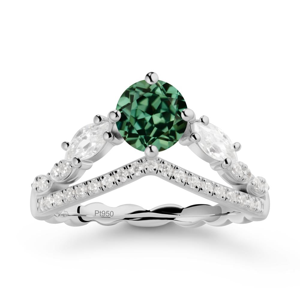 Round Green Sapphire Crown Ring with Leaf - LUO Jewelry #metal_platinum