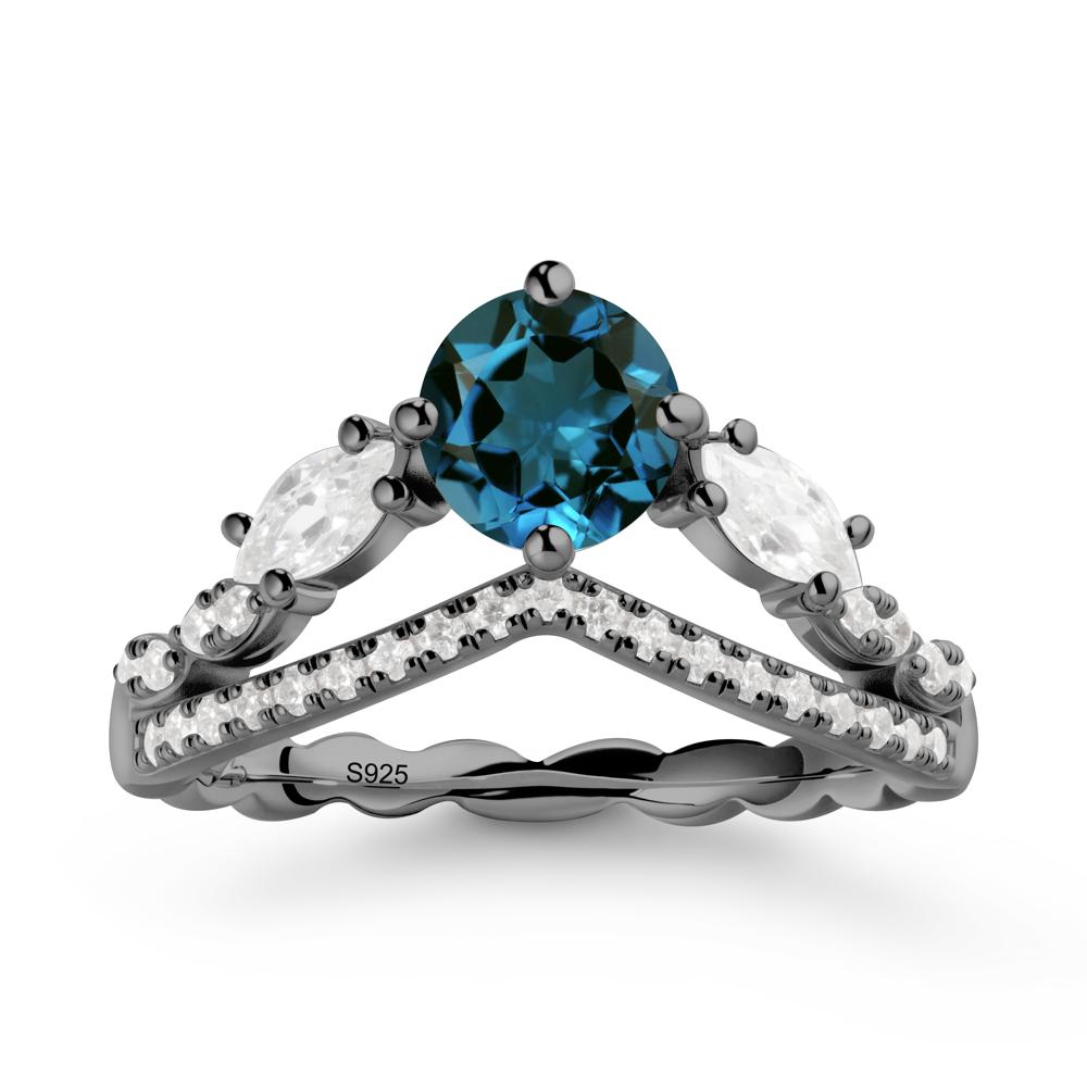 Round London Blue Topaz Crown Ring with Leaf - LUO Jewelry #metal_black finish sterling silver