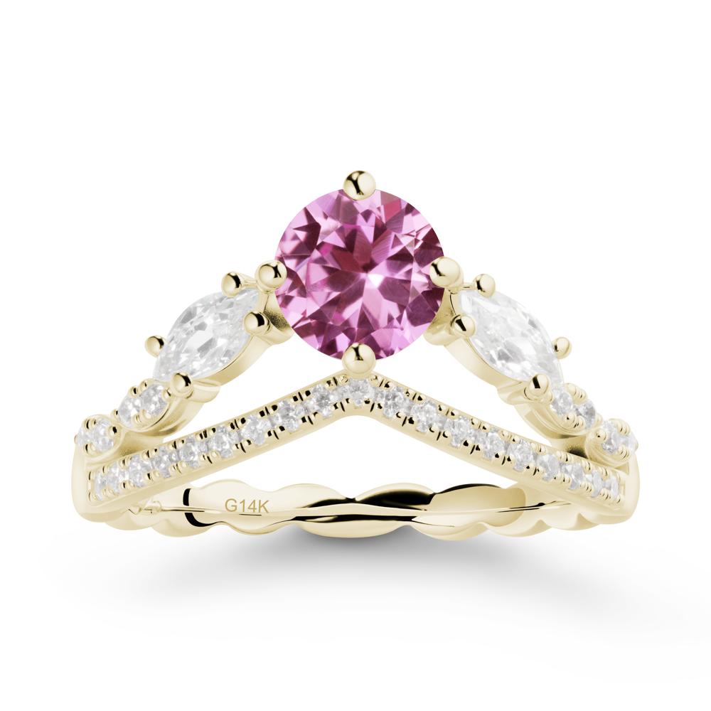 Round Pink Sapphire Crown Ring with Leaf - LUO Jewelry #metal_14k yellow gold