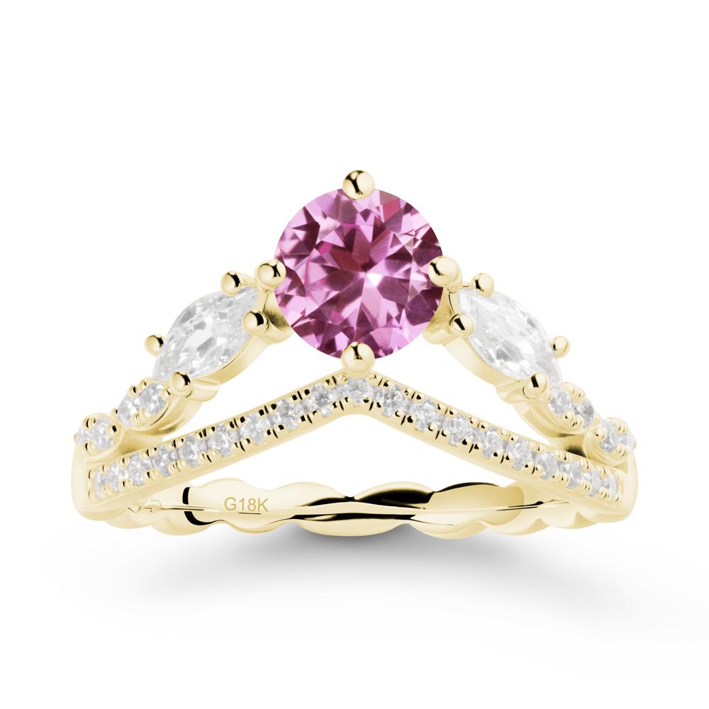 Round Pink Sapphire Crown Ring with Leaf - LUO Jewelry #metal_18k yellow gold