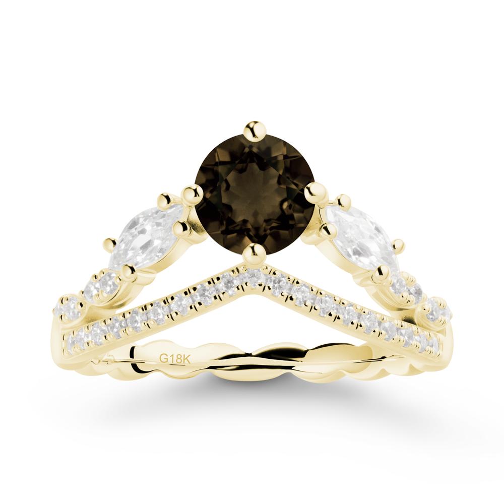 Round Smoky Quartz Crown Ring with Leaf - LUO Jewelry #metal_18k yellow gold