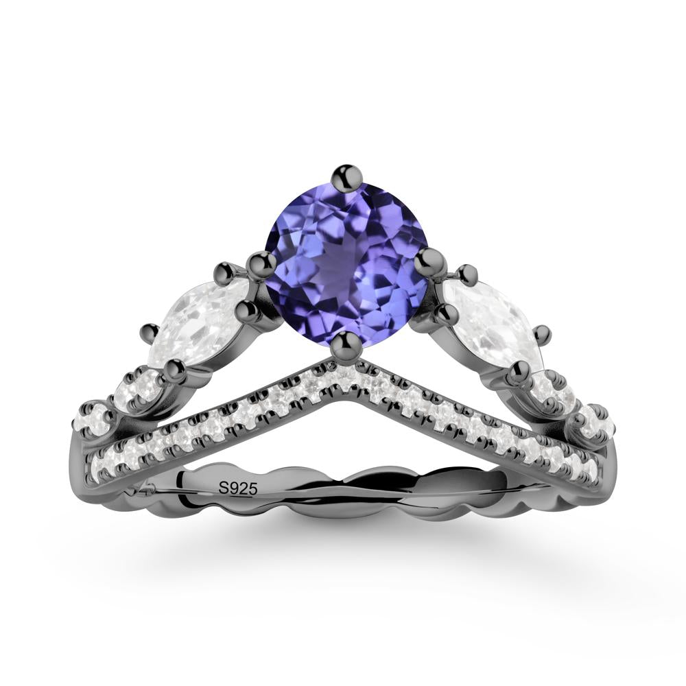 Round Tanzanite Crown Ring with Leaf - LUO Jewelry #metal_black finish sterling silver