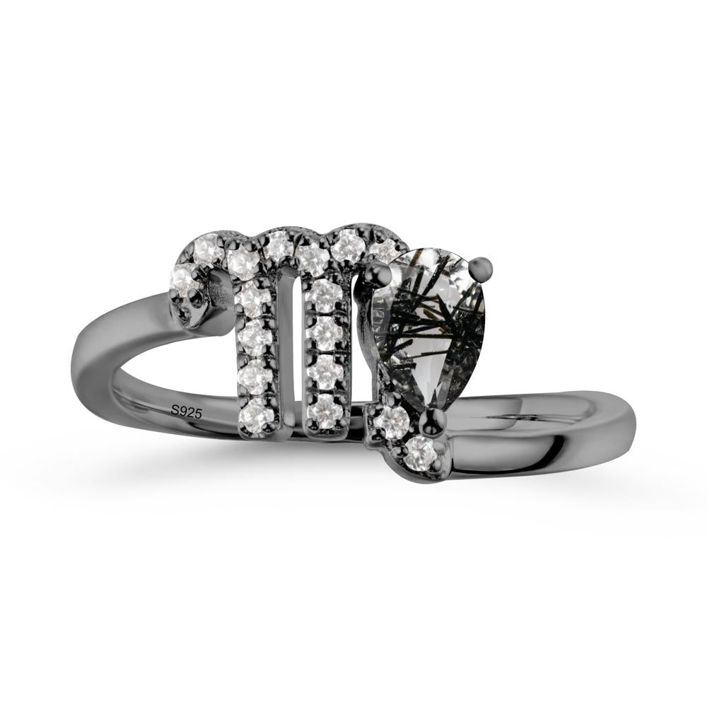 Pear Shaped Black Rutilated Quartz Virgo Zodiac Bypass Ring - LUO Jewelry #metal_black finish sterling silver