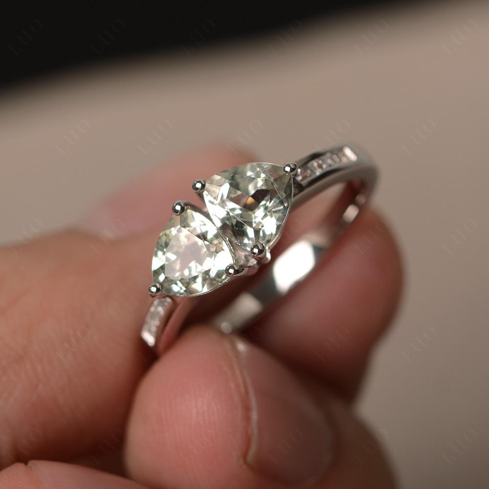 Trillion Cut Two Stone Green Amethyst Ring - LUO Jewelry 