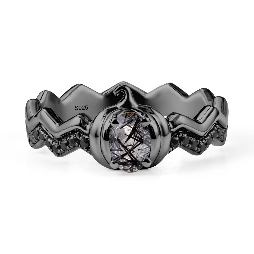 Halloween Pumpkin Black Rutilated Quartz and Black Spinel Ring - LUO Jewelry #metal_black finish sterling silver
